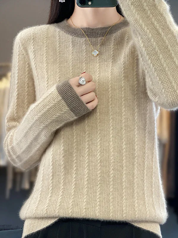 Long Sleeves Loose Contrast Color Round-Neck Pullovers Sweater Tops
