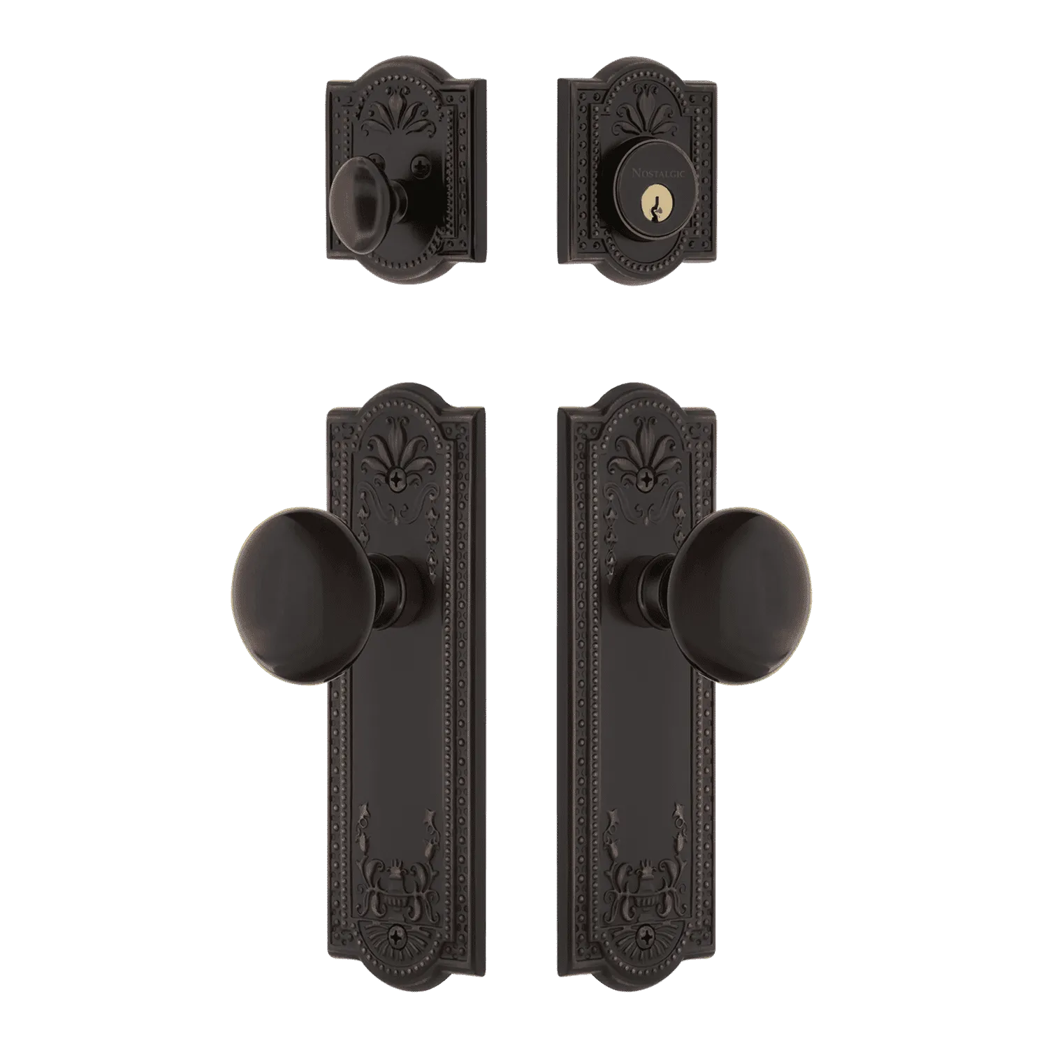 Meadows Entry Set with Black Porcelain Knob in Timeless Bronze