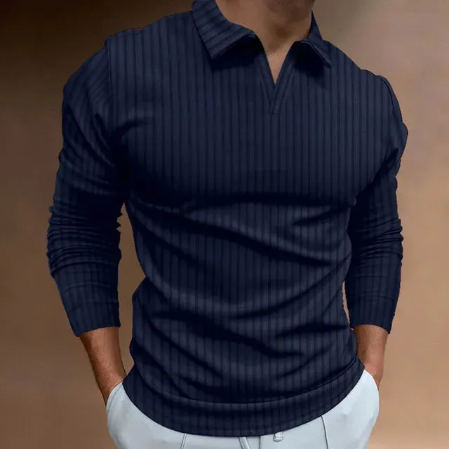 Men's Striped V-Neck Long Sleeve Polo Shirt