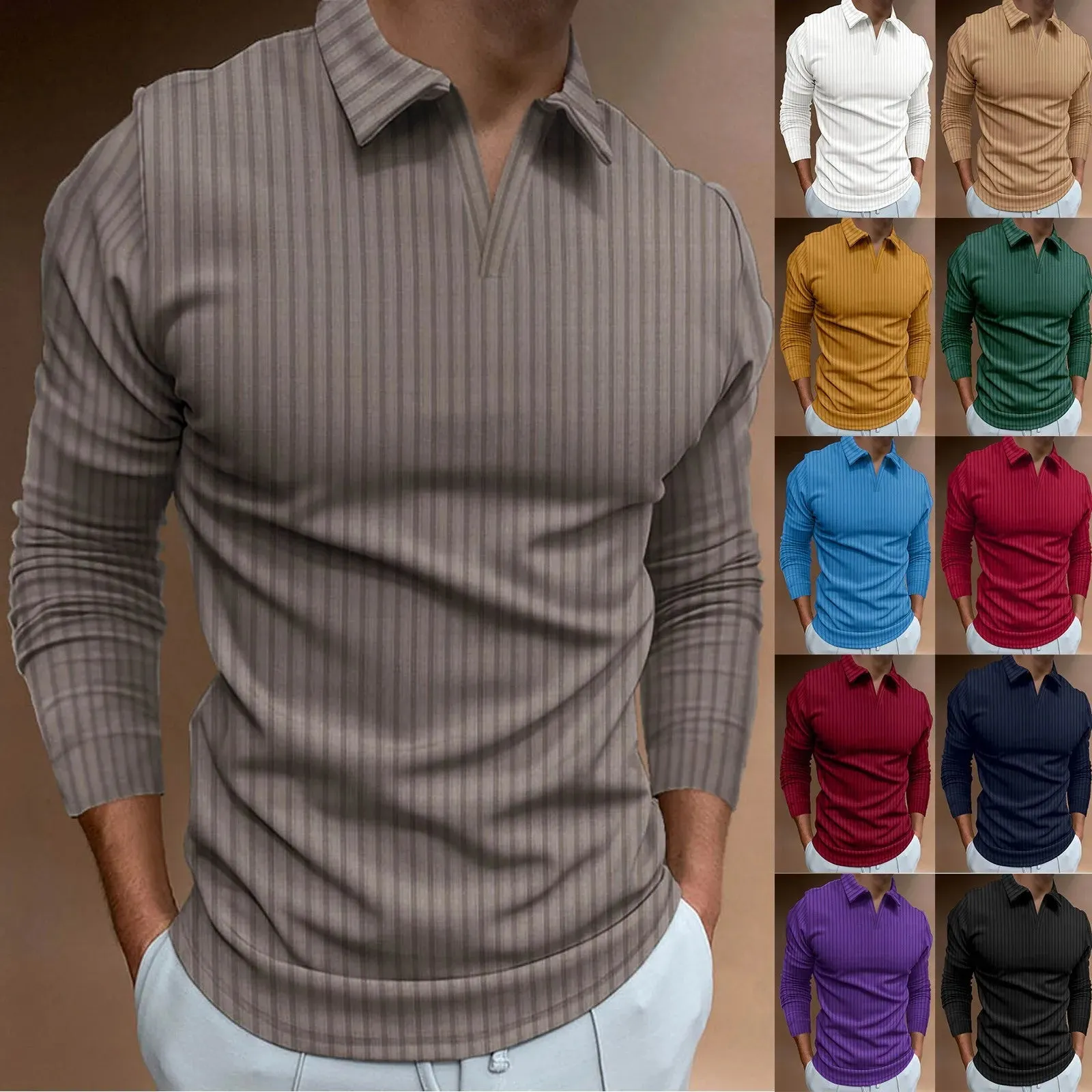 Men's Striped V-Neck Long Sleeve Polo Shirt