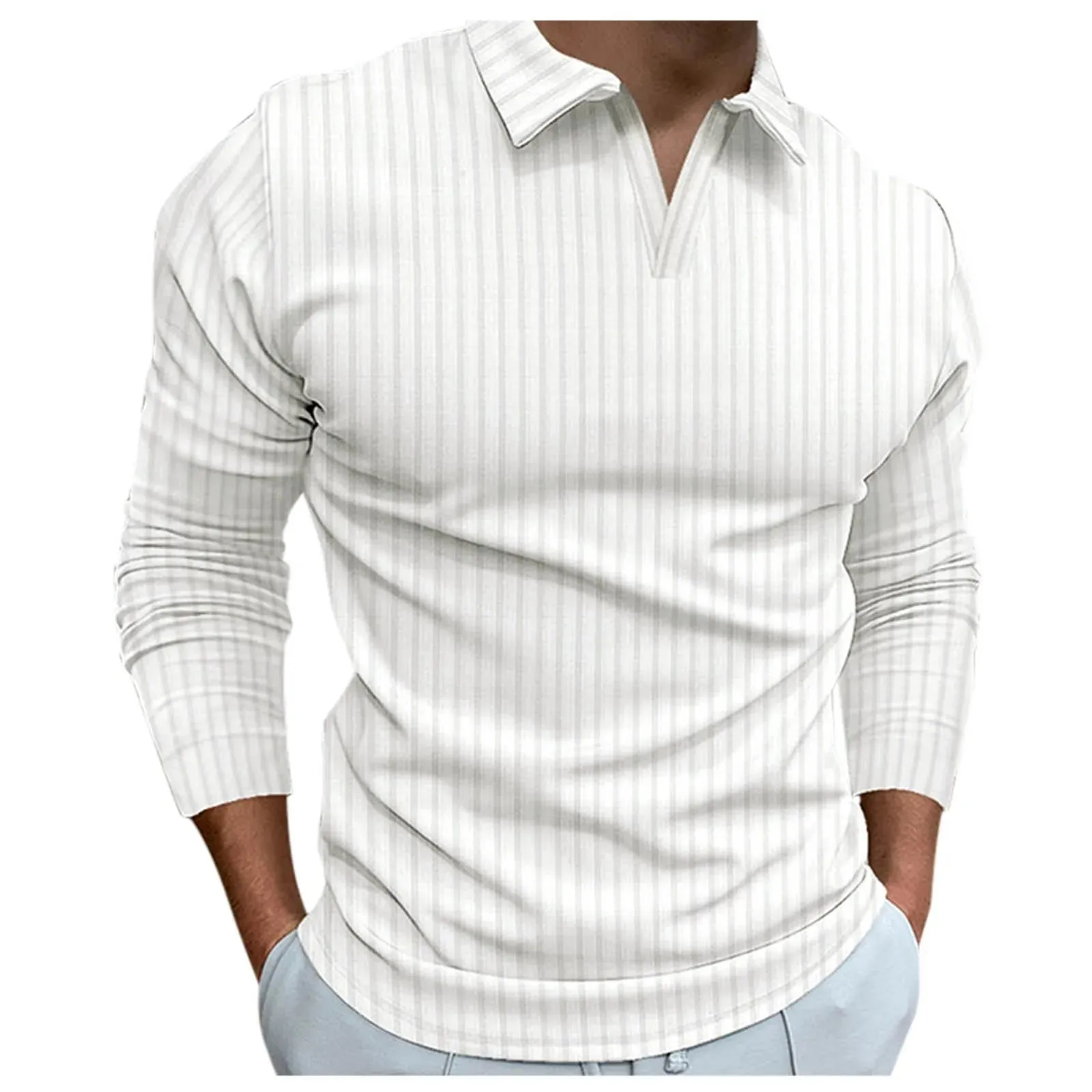 Men's Striped V-Neck Long Sleeve Polo Shirt
