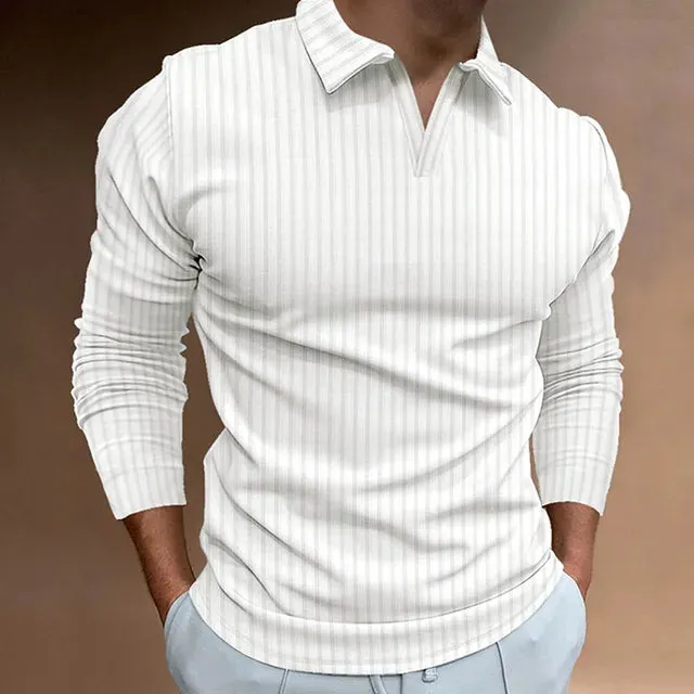 Men's Striped V-Neck Long Sleeve Polo Shirt