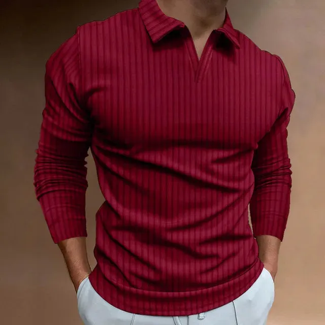 Men's Striped V-Neck Long Sleeve Polo Shirt