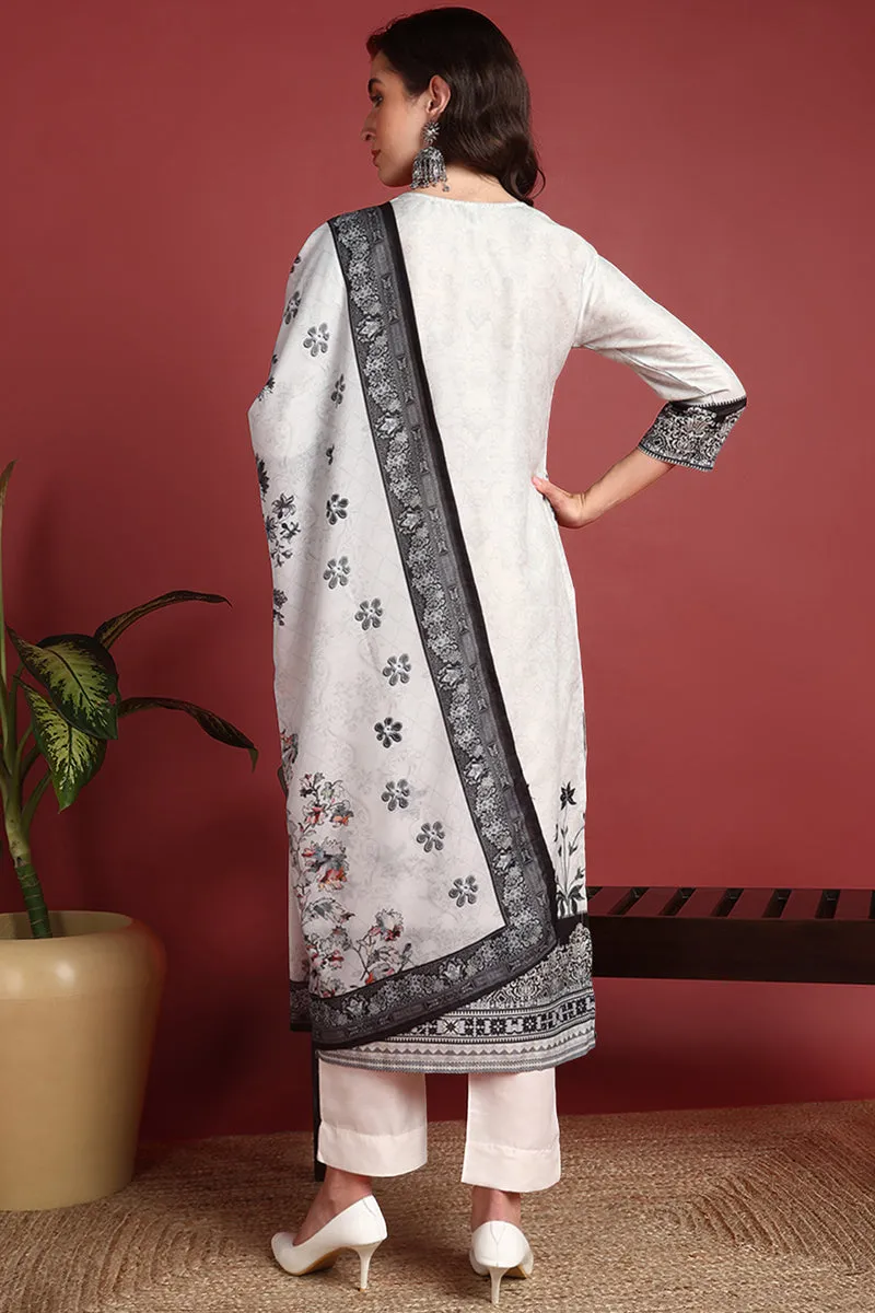 Off White Polyester Floral Printed Straight Suit Set