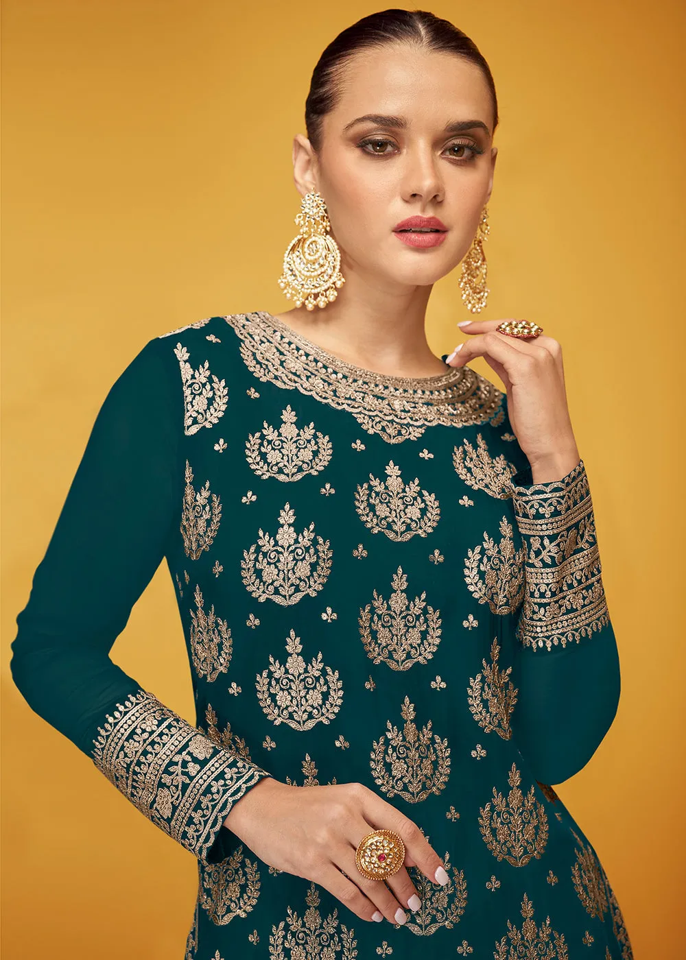 Pure Georgette Brilliant Green Designer Palazzo Suit