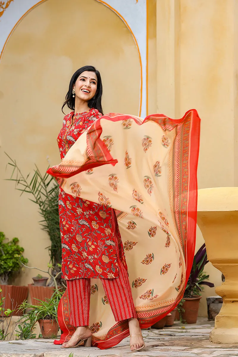 Red Color Cotton Fabric Printed Fancy Kurta And Palazzo Dupatta Set