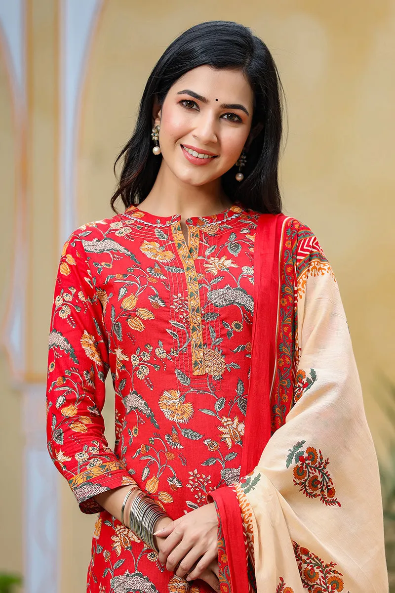 Red Color Cotton Fabric Printed Fancy Kurta And Palazzo Dupatta Set