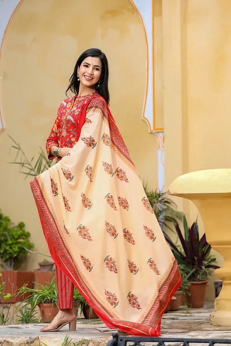 Red Color Cotton Fabric Printed Fancy Kurta And Palazzo Dupatta Set