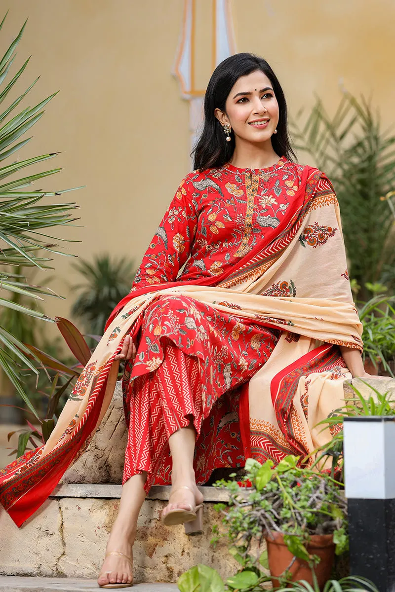 Red Color Cotton Fabric Printed Fancy Kurta And Palazzo Dupatta Set