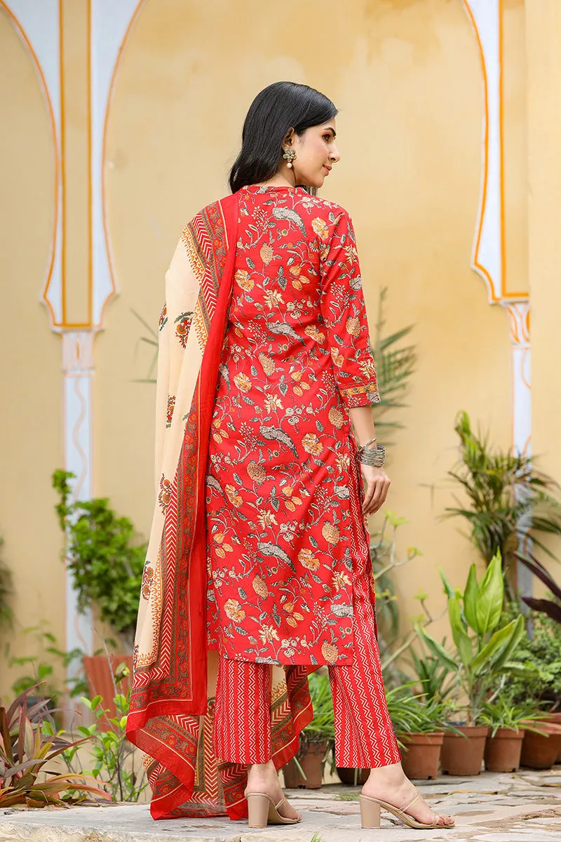 Red Color Cotton Fabric Printed Fancy Kurta And Palazzo Dupatta Set
