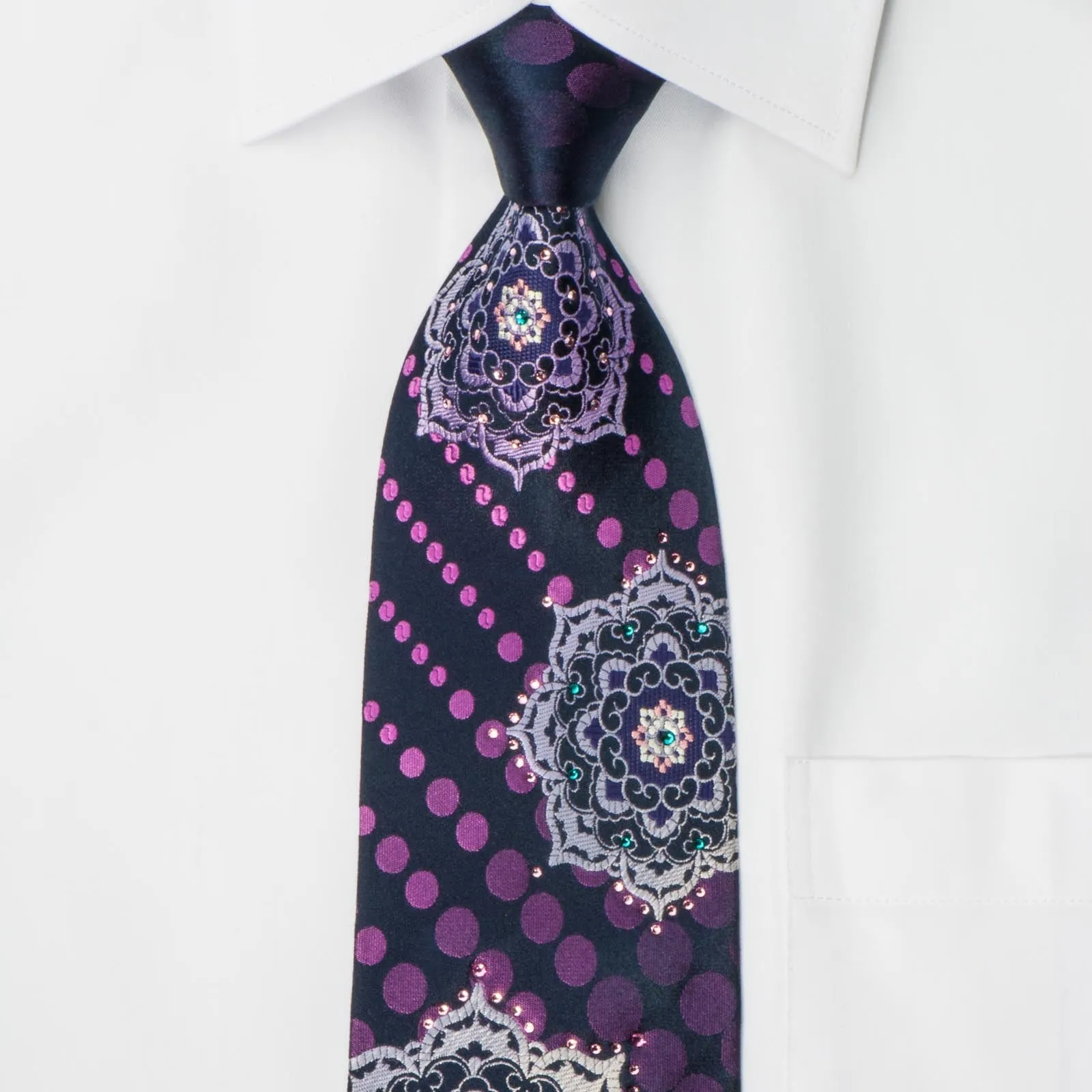 Renoma Men's Silk Necktie Silver Medallions On Navy Blue With Crystal Rhinestones