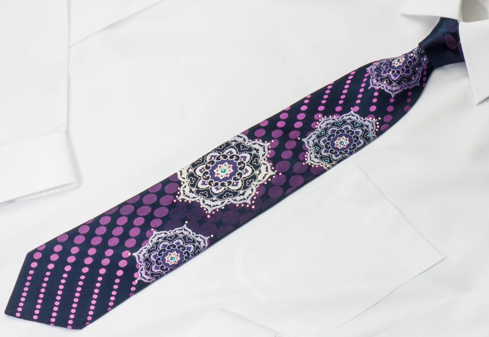 Renoma Men's Silk Necktie Silver Medallions On Navy Blue With Crystal Rhinestones