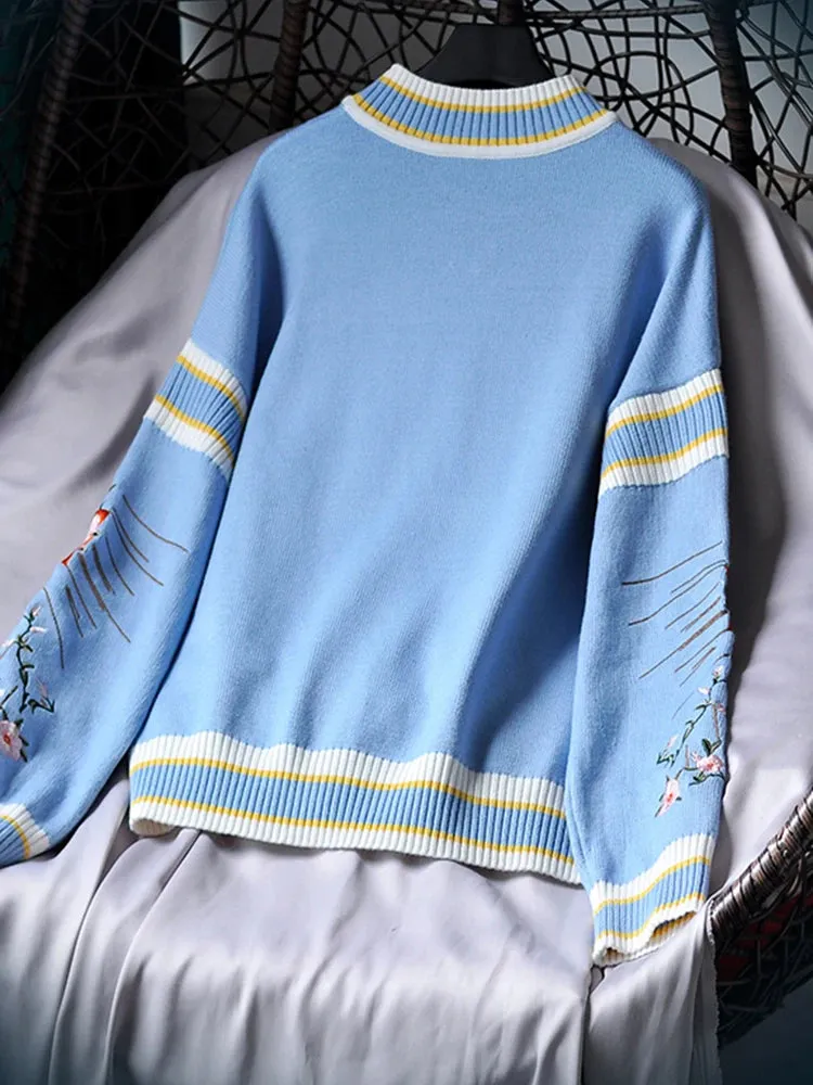 Runway Luxury Winter Knitting Pullovers Women's High Quality Floral Crown Embroidery Casual Loose Blue Sweater C-127