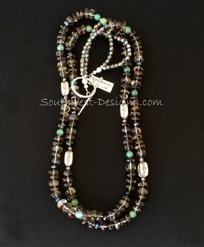 Smoky Quartz Rondelles 2-Strand Necklace with Aventurine Rounds, Fire Polished Glass, Ornate Sterling Silver Box Beads and Sterling Toggle Clasp