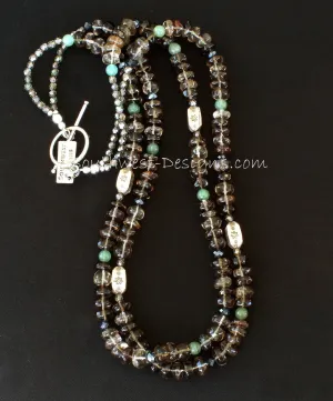 Smoky Quartz Rondelles 2-Strand Necklace with Aventurine Rounds, Fire Polished Glass, Ornate Sterling Silver Box Beads and Sterling Toggle Clasp