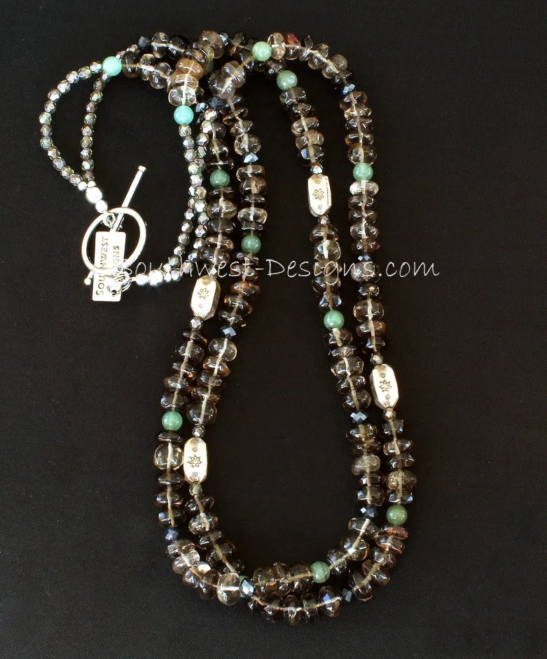 Smoky Quartz Rondelles 2-Strand Necklace with Aventurine Rounds, Fire Polished Glass, Ornate Sterling Silver Box Beads and Sterling Toggle Clasp