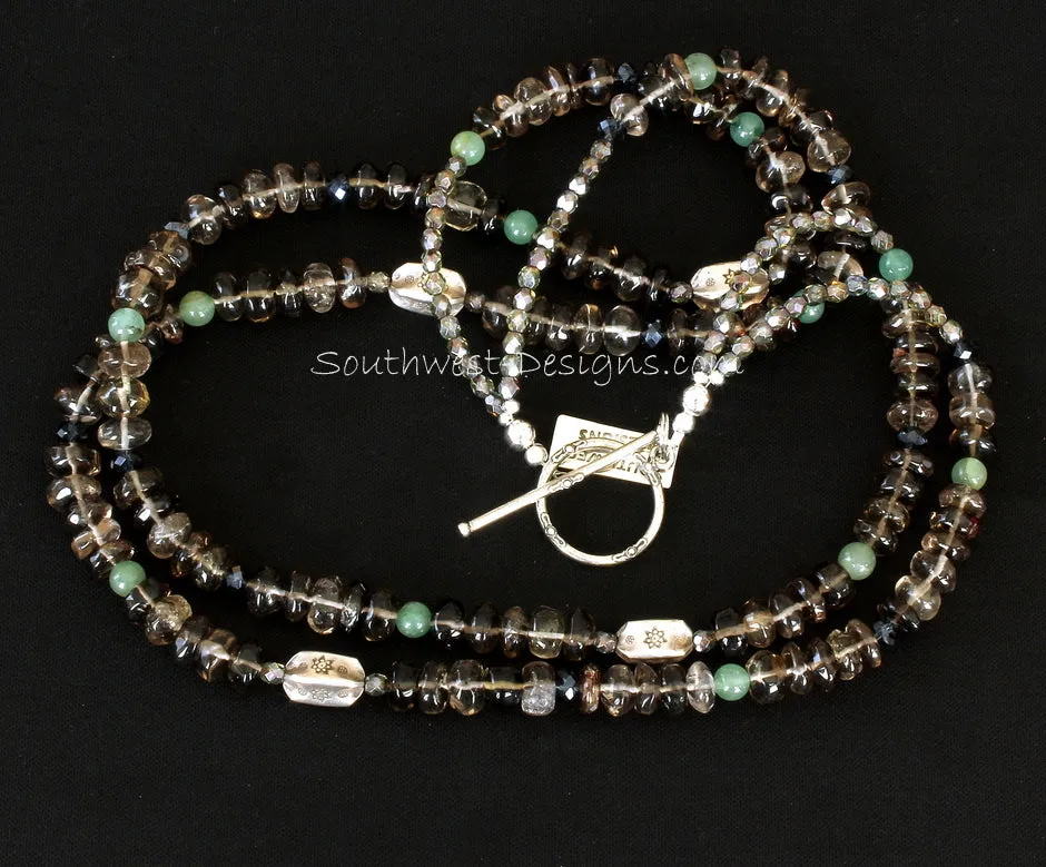 Smoky Quartz Rondelles 2-Strand Necklace with Aventurine Rounds, Fire Polished Glass, Ornate Sterling Silver Box Beads and Sterling Toggle Clasp