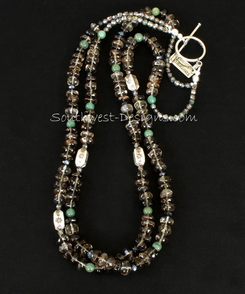 Smoky Quartz Rondelles 2-Strand Necklace with Aventurine Rounds, Fire Polished Glass, Ornate Sterling Silver Box Beads and Sterling Toggle Clasp