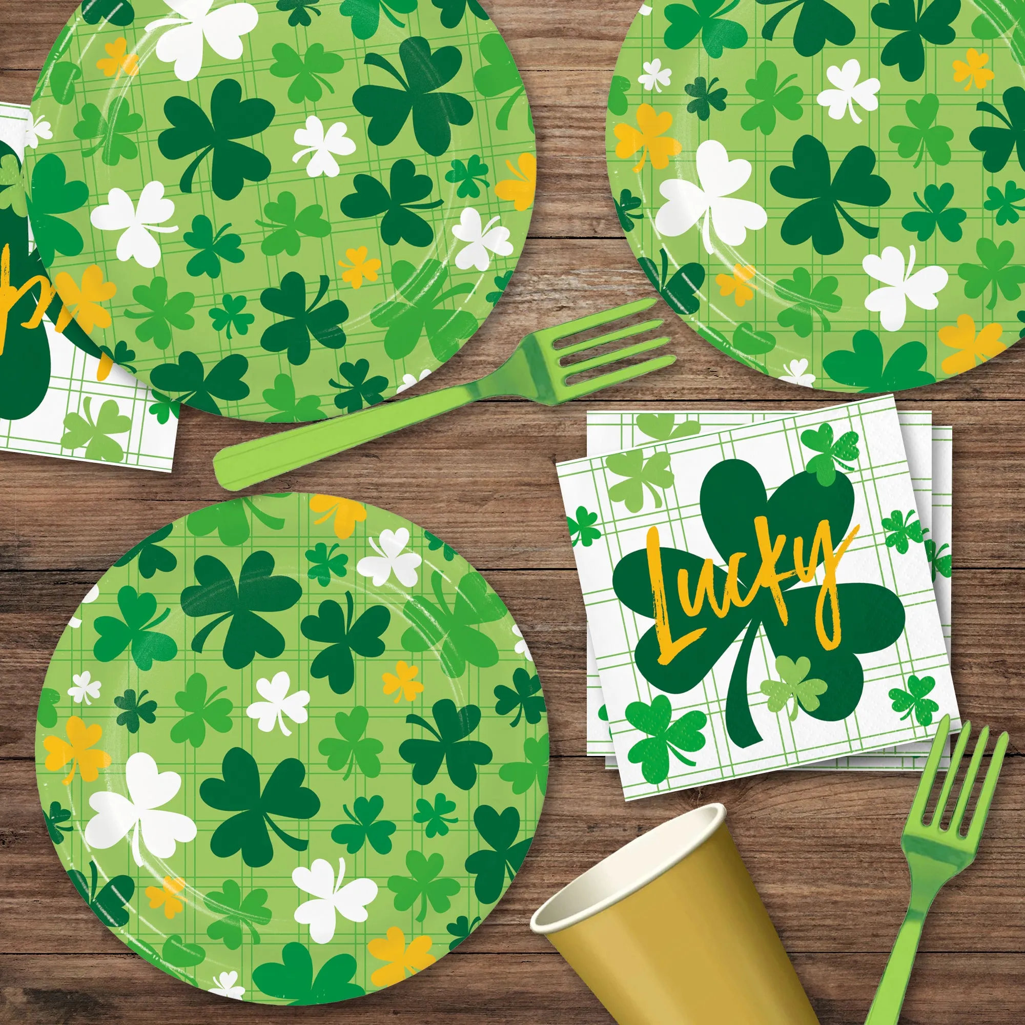 St. Patrick's Day Dark Green & Yellow Shamrock Plates, Beverage Napkins, and Forks
