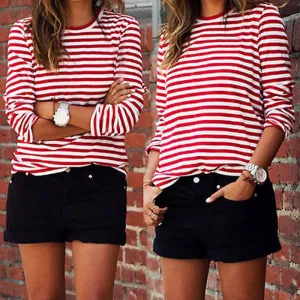 Toleet-New Sexy Women Casual Red White Striped Long Sleeve T Shirt Cotton Loose Tees Shirt Female Basic O-Neck Tops Autumn Pullovers