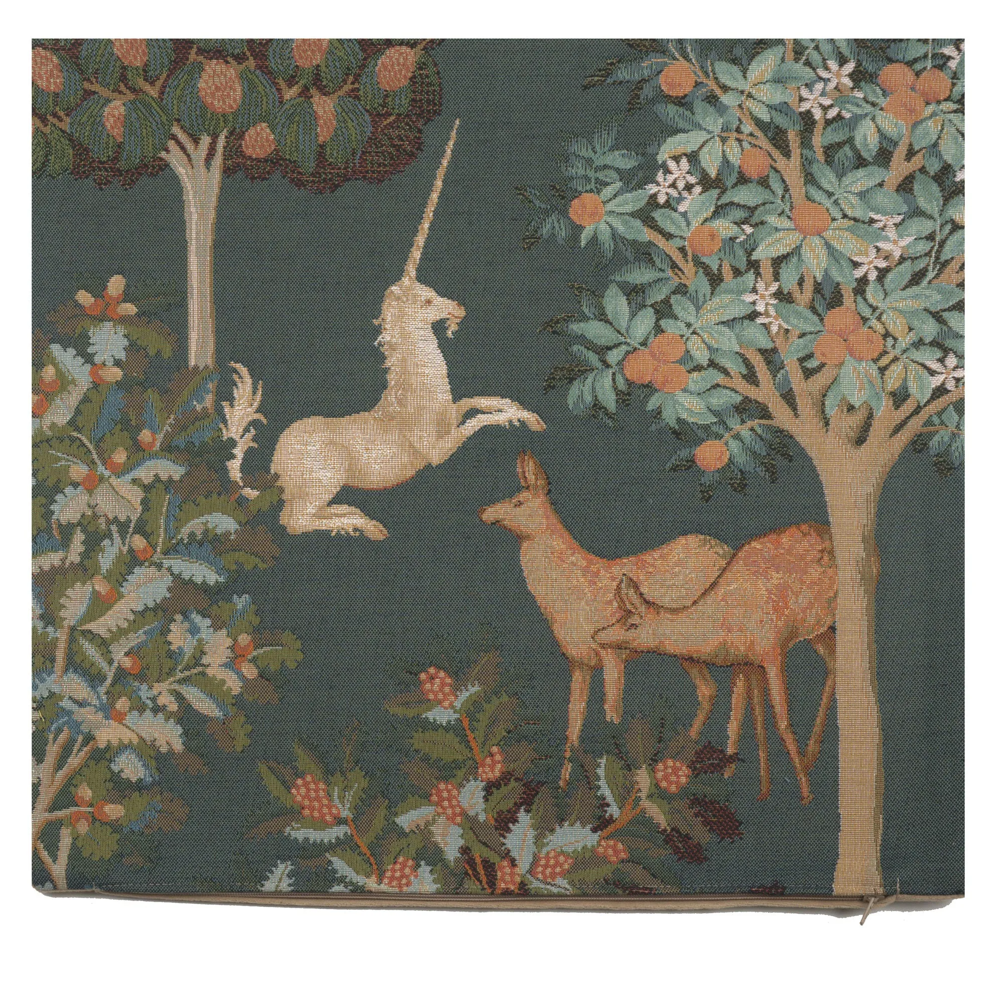 Unicorn and Does Forest Blue French Tapestry Cushion