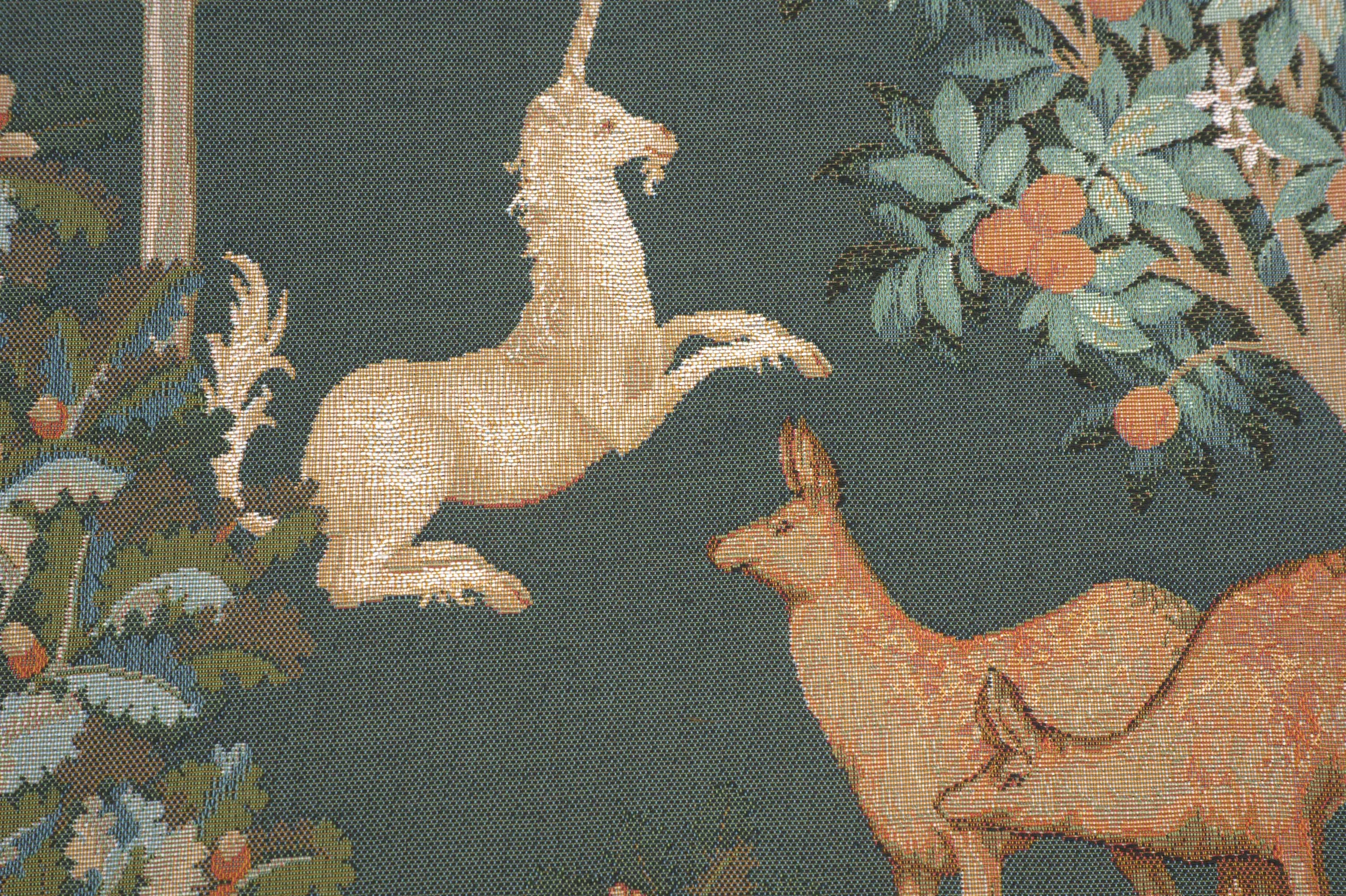 Unicorn and Does Forest Blue French Tapestry Cushion