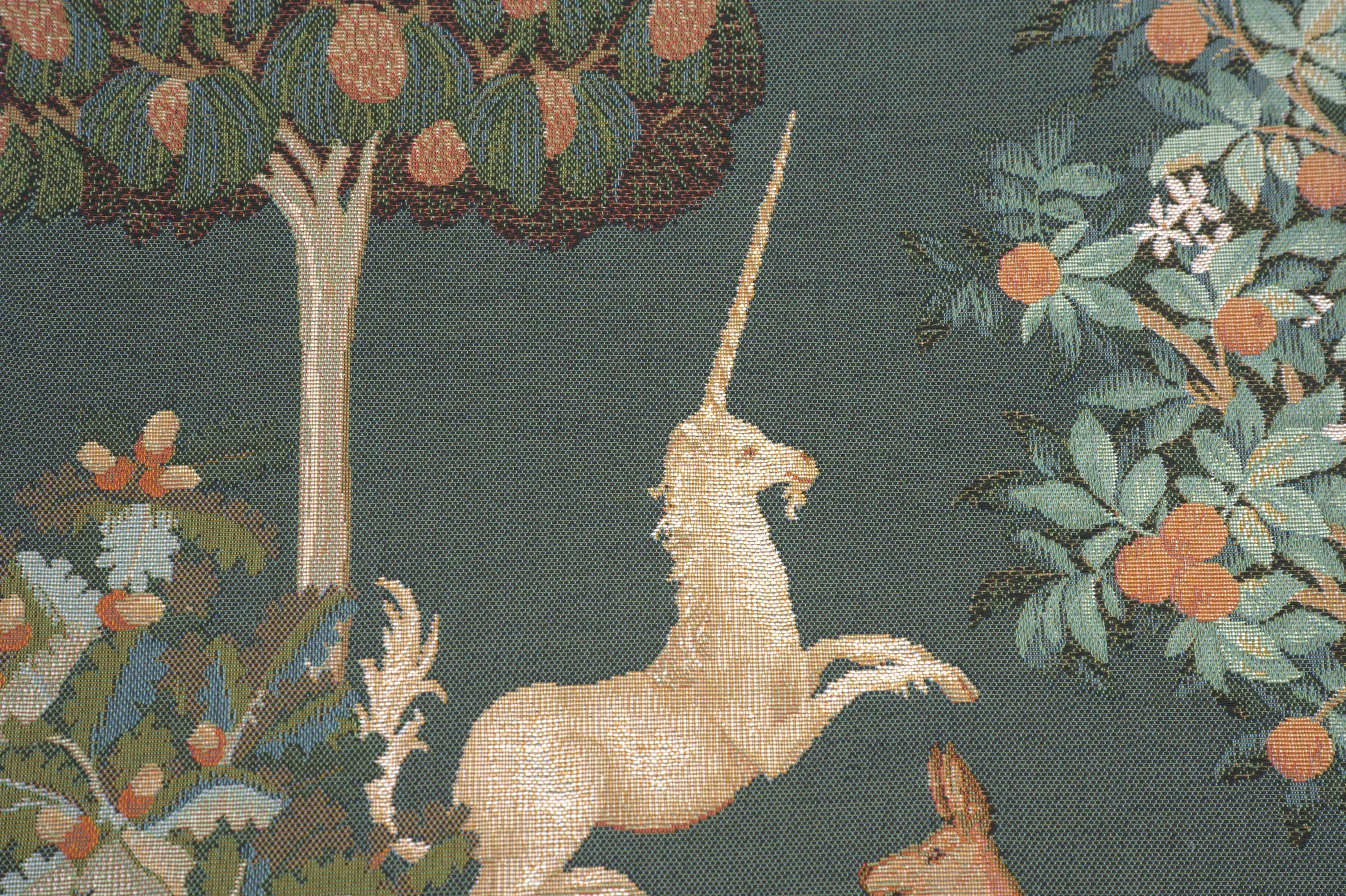 Unicorn and Does Forest Blue French Tapestry Cushion
