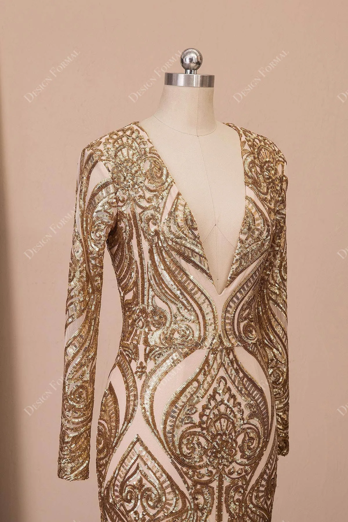Unique Sequin Gold V-neck Mermaid Dress