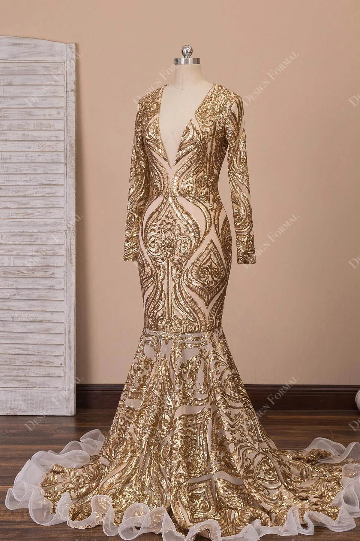 Unique Sequin Gold V-neck Mermaid Dress