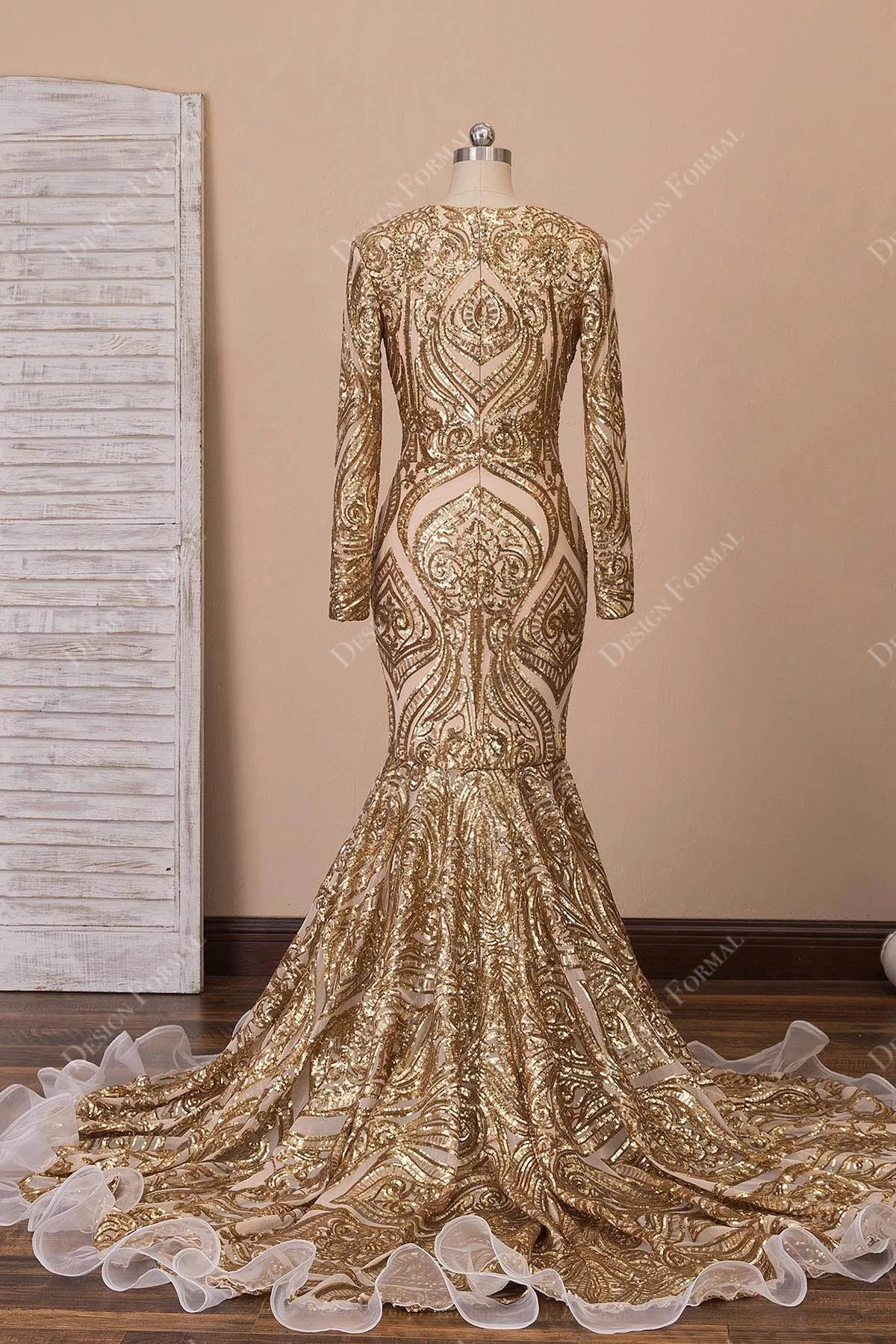 Unique Sequin Gold V-neck Mermaid Dress