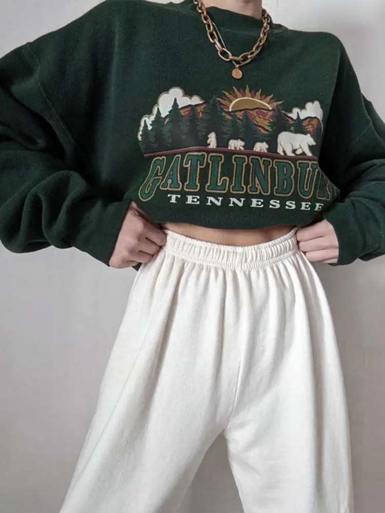 Wenkouban Y2K Vintage Green Women Hoodies Oversize E Girl Aesthetic Print Sweatshirt Autumn 90S Street Pullover Long Sleeve Top