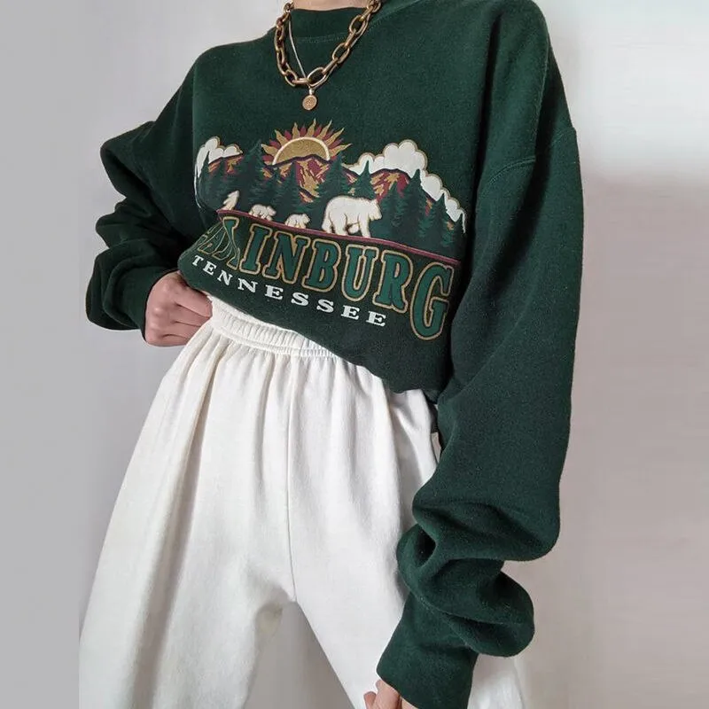 Wenkouban Y2K Vintage Green Women Hoodies Oversize E Girl Aesthetic Print Sweatshirt Autumn 90S Street Pullover Long Sleeve Top