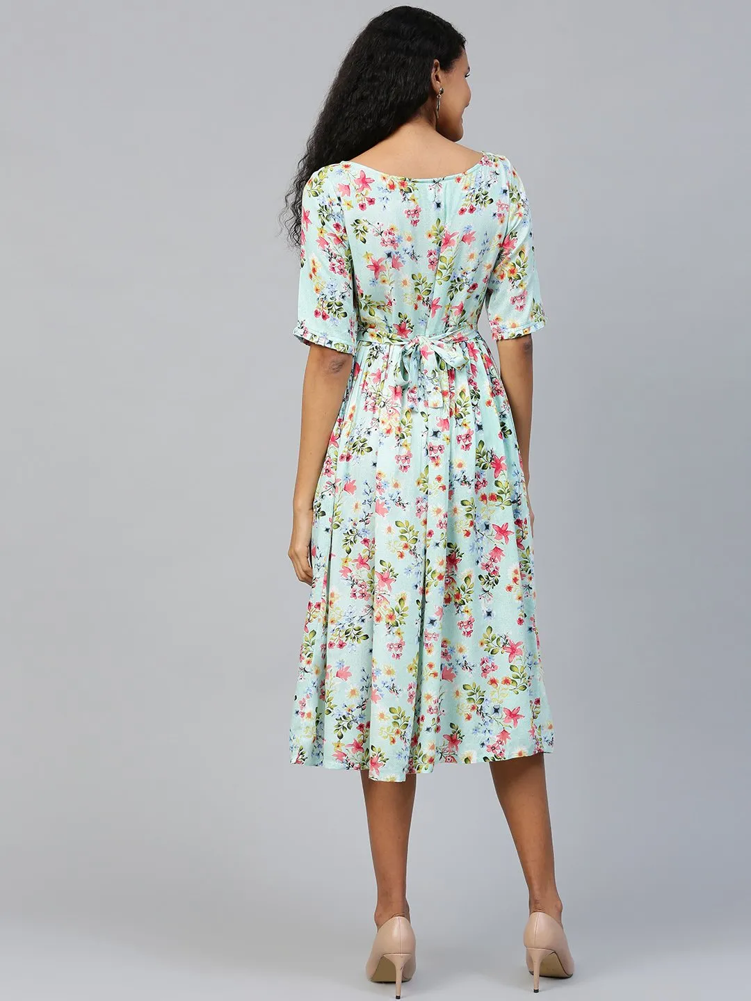 Women Blue Floral Printed Square Neck Viscose Rayon Fit And Flare Dress
