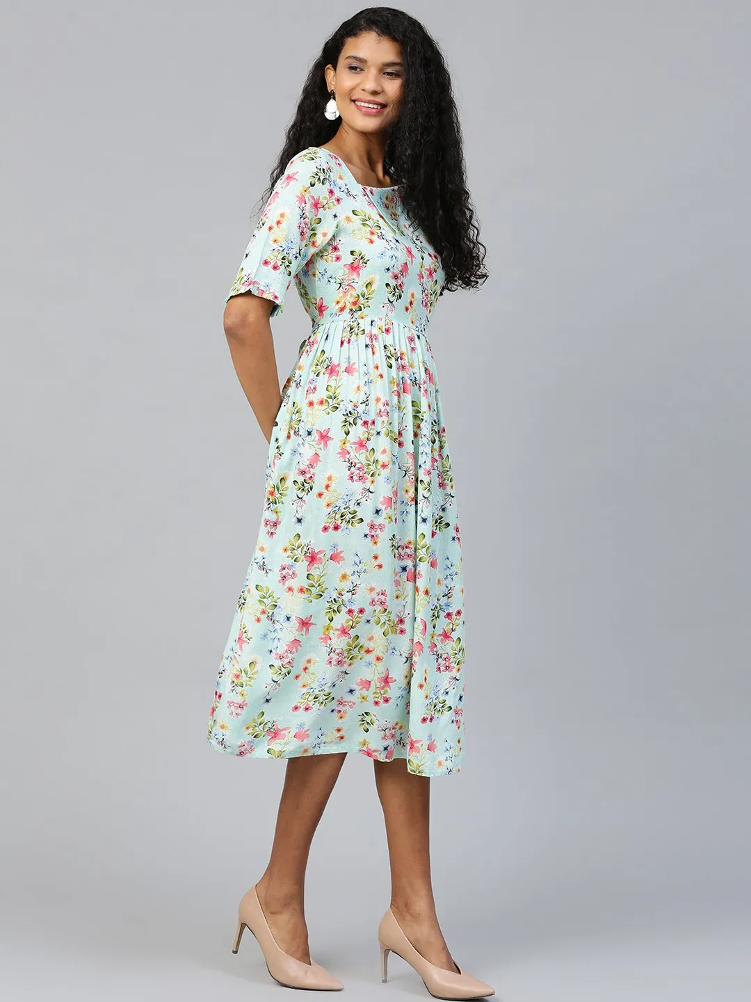 Women Blue Floral Printed Square Neck Viscose Rayon Fit And Flare Dress