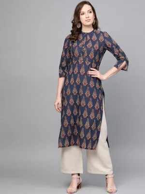 Women Navy Blue & Multi Color Floral Printed Straight Kurta