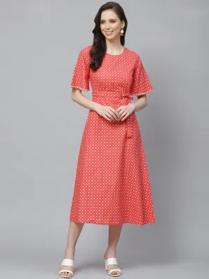 Women Peach Floral Printed Round Neck Cotton Fit And Flare Dress