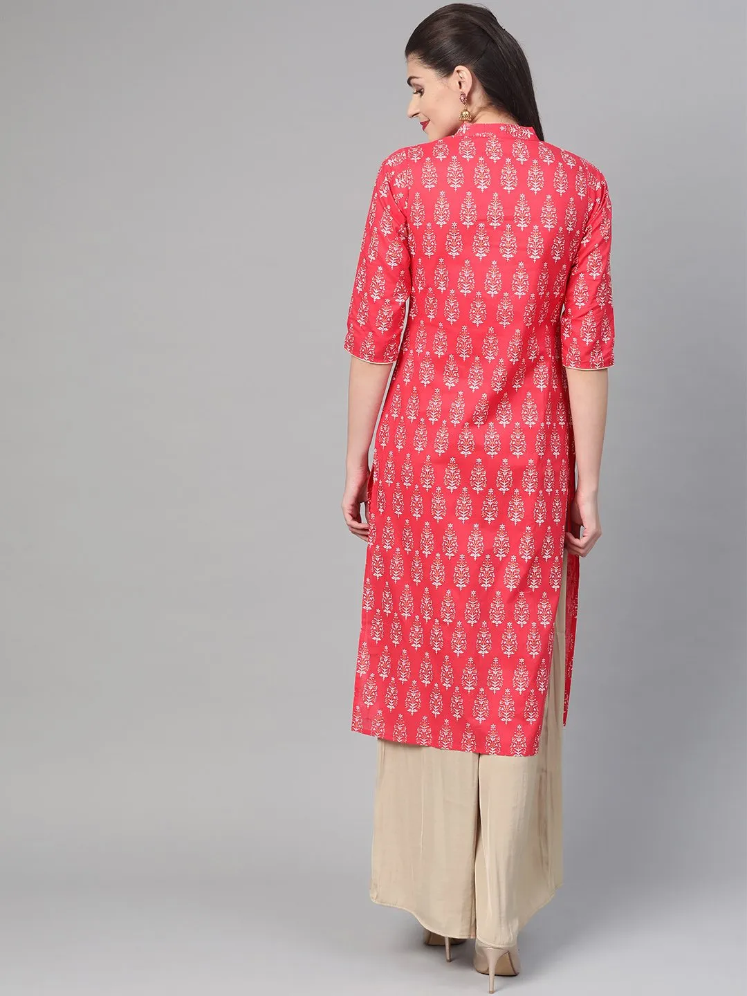 Women Pink & Gold Cotton Straight Floral Printed Kurta