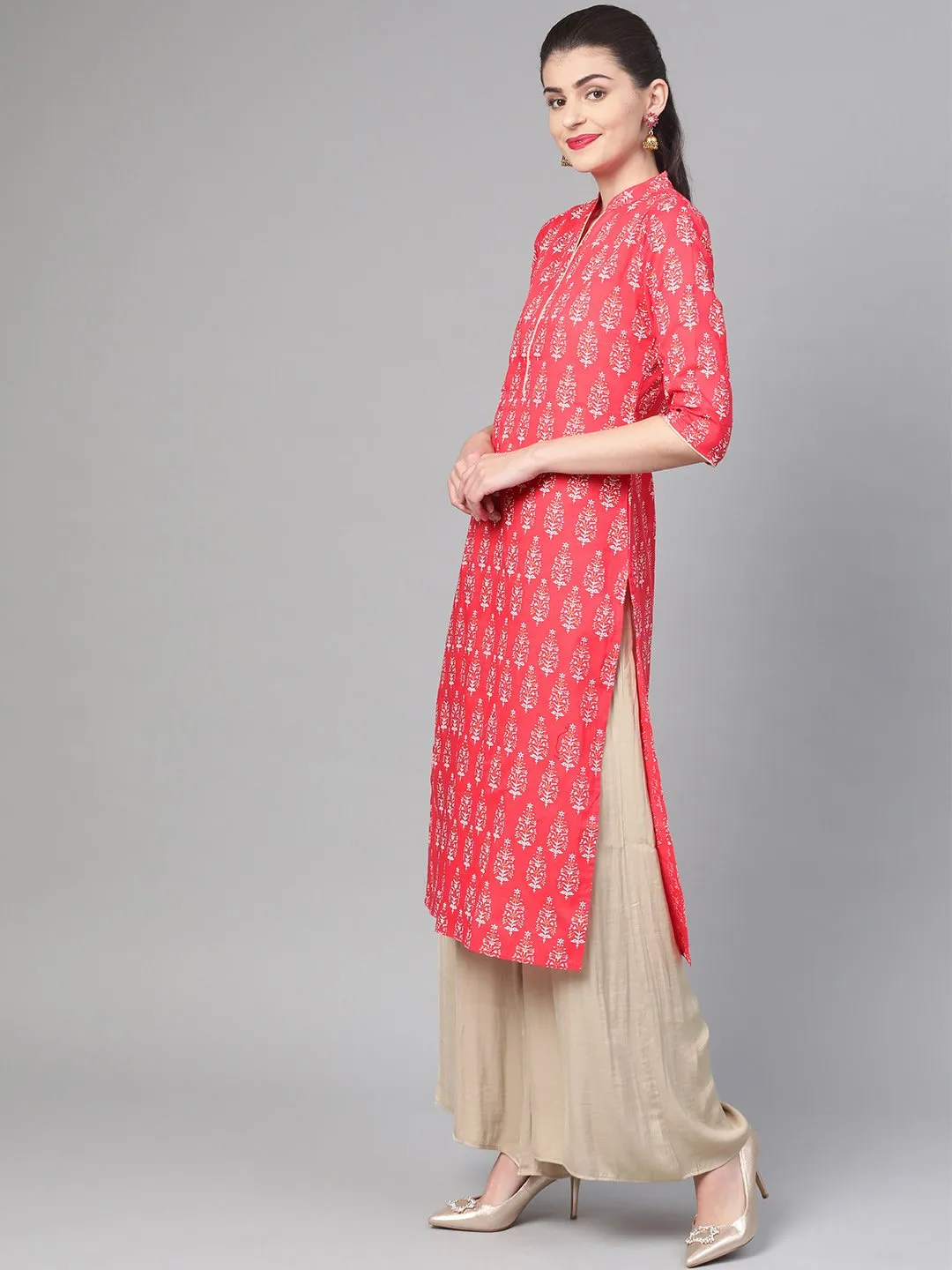 Women Pink & Gold Cotton Straight Floral Printed Kurta