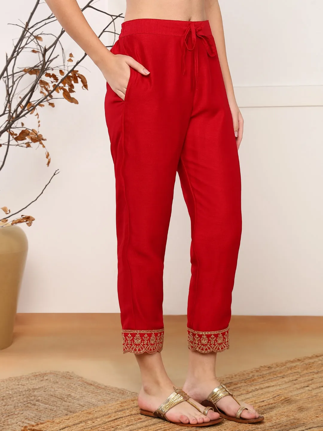 Women Red Silk Blend Solid Embroidered Straight Kurta Trouser With Dupatta