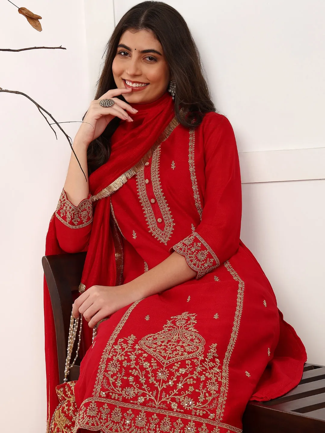 Women Red Silk Blend Solid Embroidered Straight Kurta Trouser With Dupatta