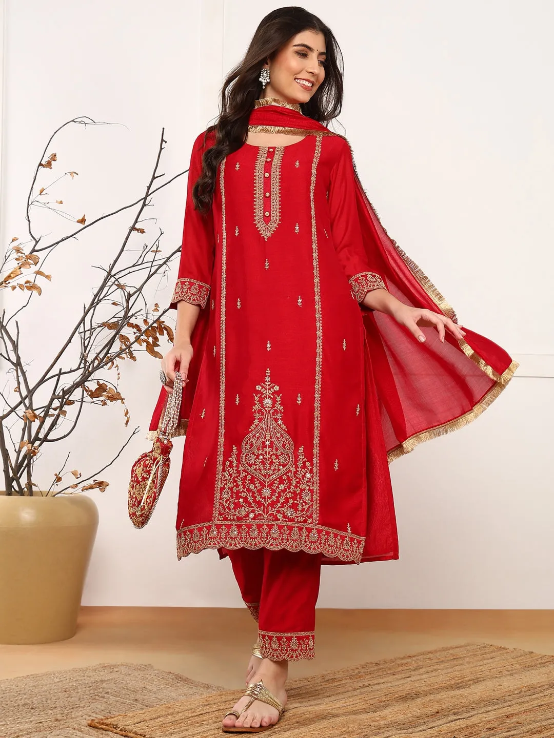 Women Red Silk Blend Solid Embroidered Straight Kurta Trouser With Dupatta
