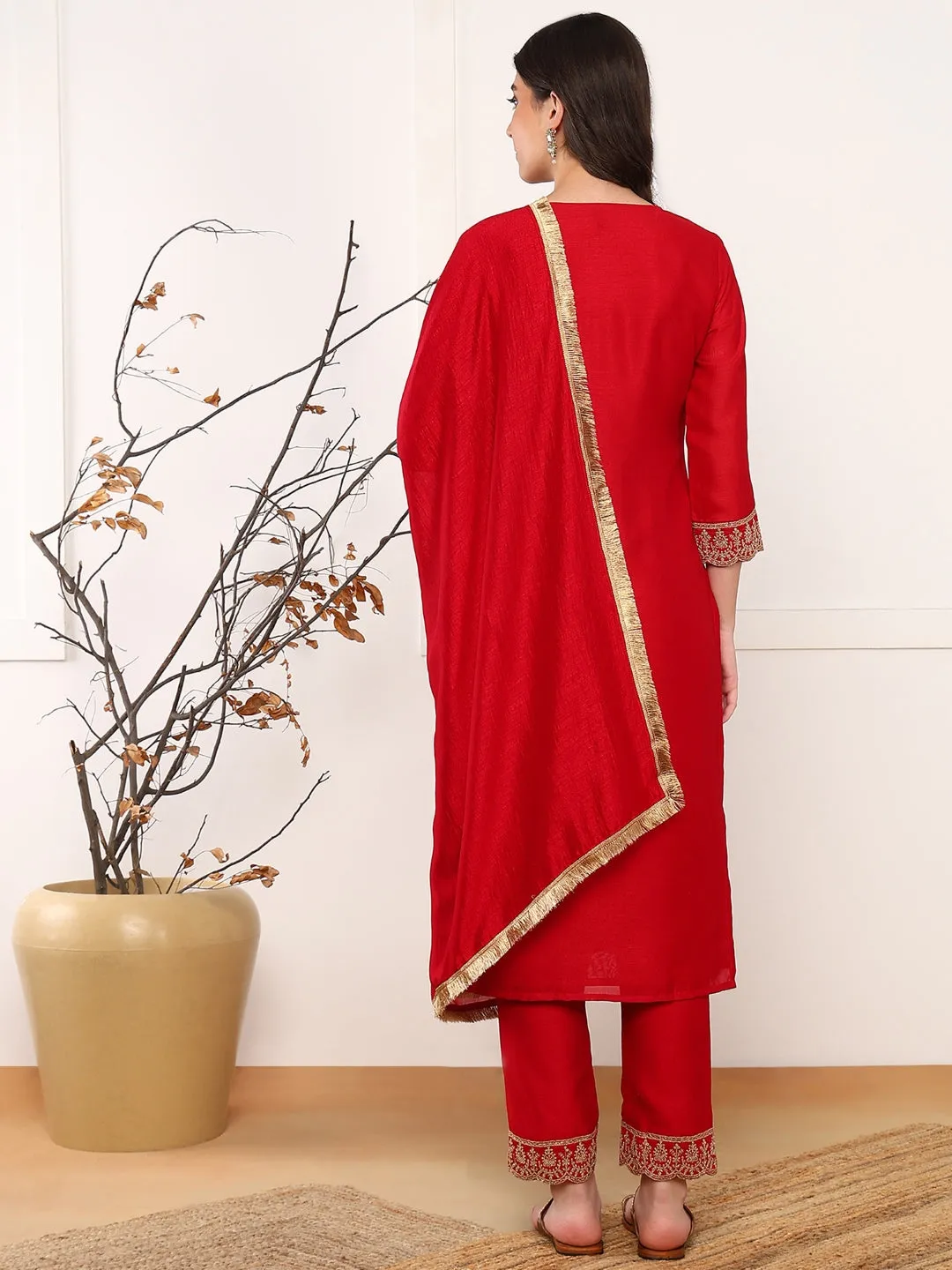 Women Red Silk Blend Solid Embroidered Straight Kurta Trouser With Dupatta