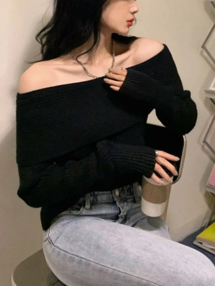 Women Sweater Off Shoulder Knitted Pullovers Female Korean Fashion Sexy Slash Neck Knitwear Top Lady Autumn Winter Slim Jumpers