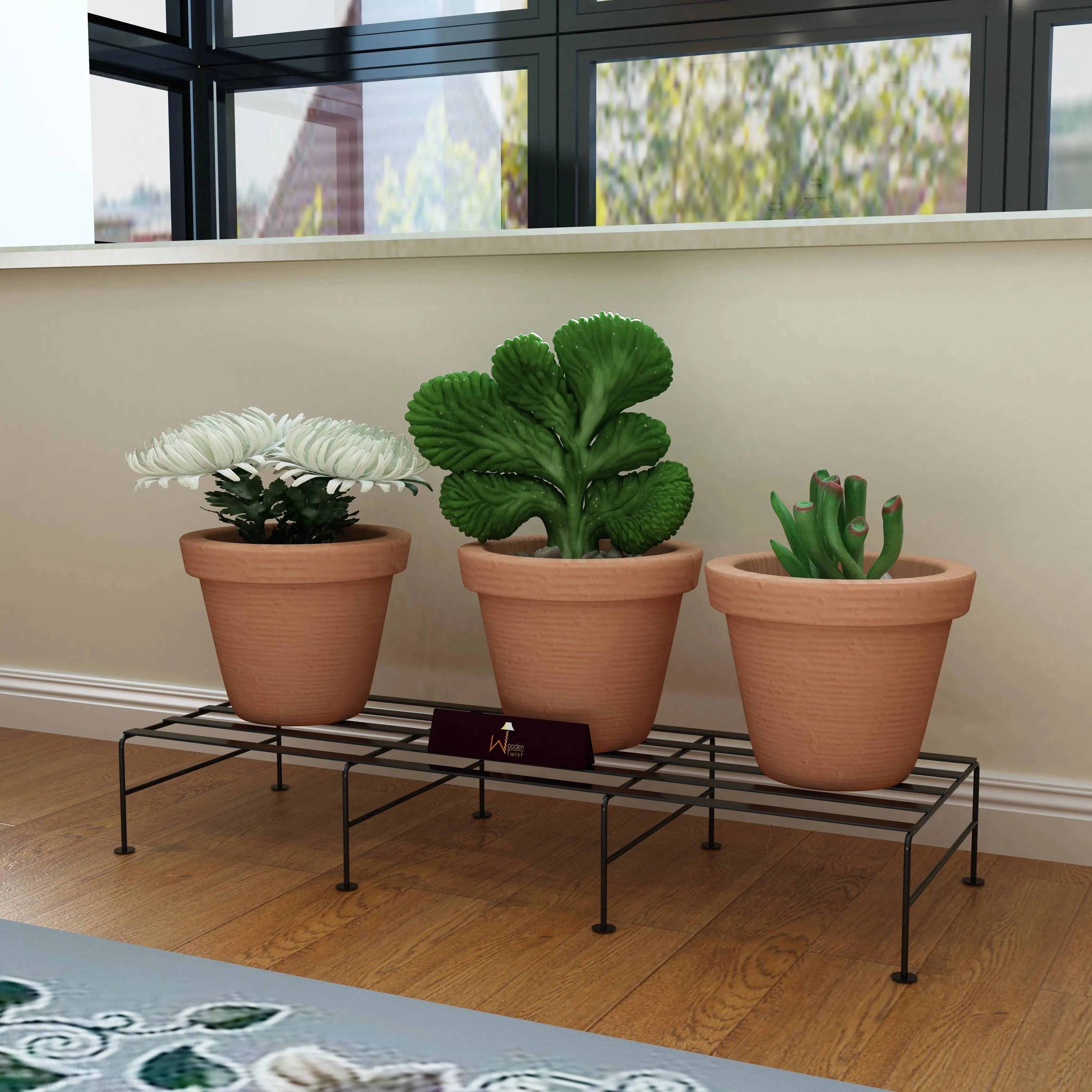 Wooden Twist Vertical Wrought Iron Planter Stand Pot Stand ( Set of 4 )