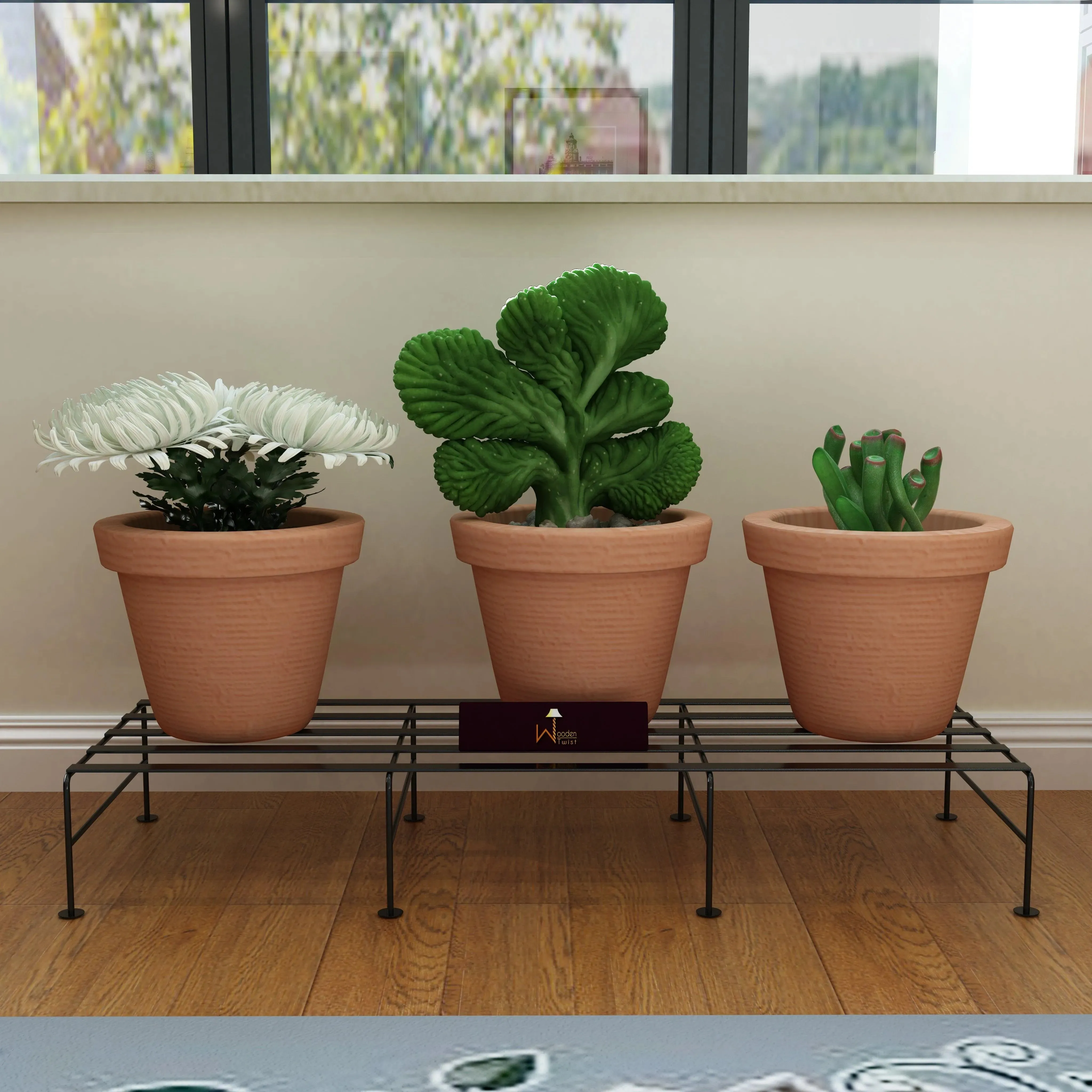 Wooden Twist Vertical Wrought Iron Planter Stand Pot Stand ( Set of 4 )